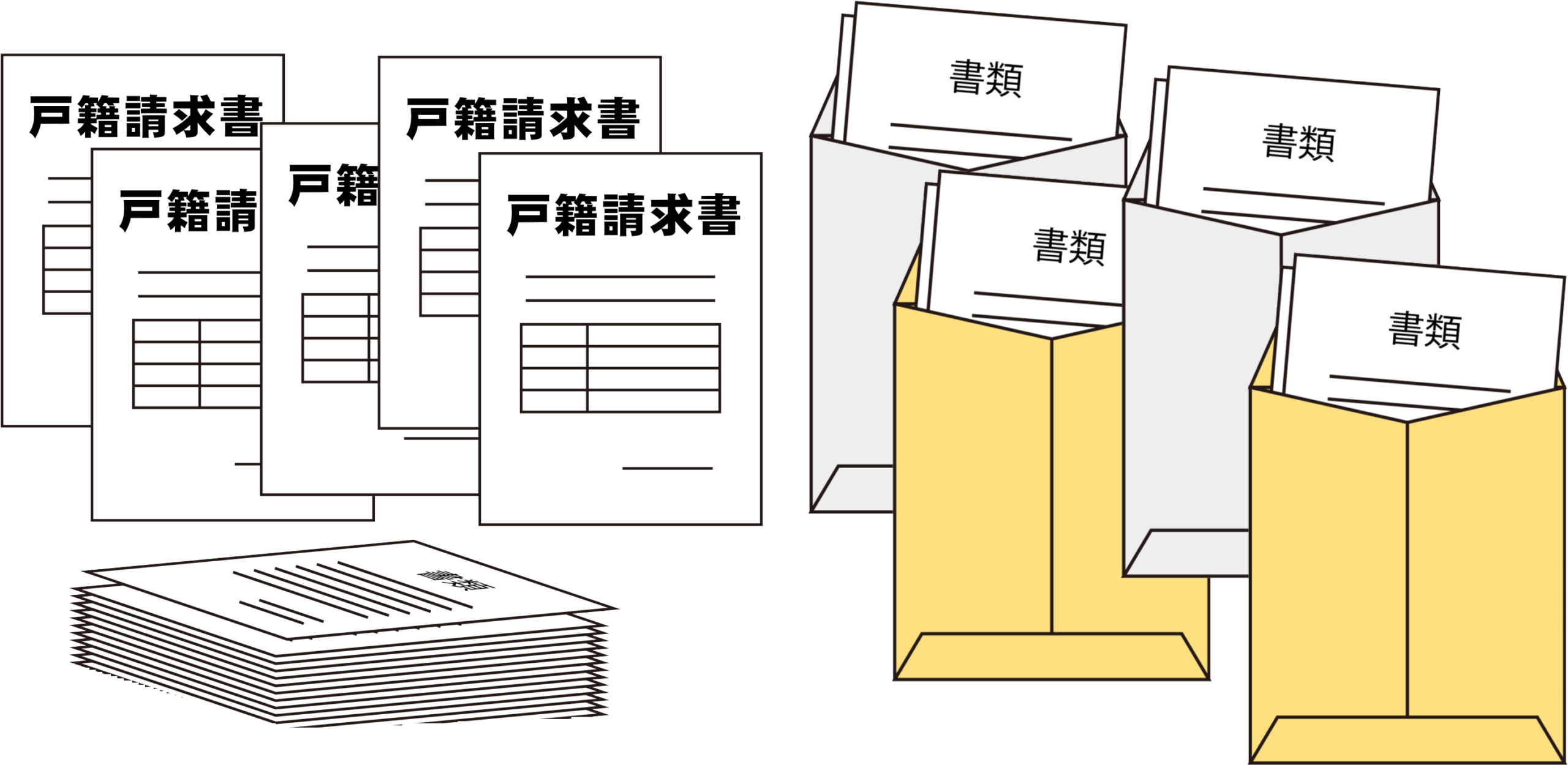 相続人調査において、遠方の複数の役所へ戸籍謄本を郵送請求する際の手間と大量の書類イメージ