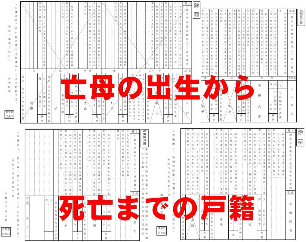 相続手続きで必要となる亡母の出生から死亡までのすべての戸籍（明治・大正時代の改製原戸籍など）